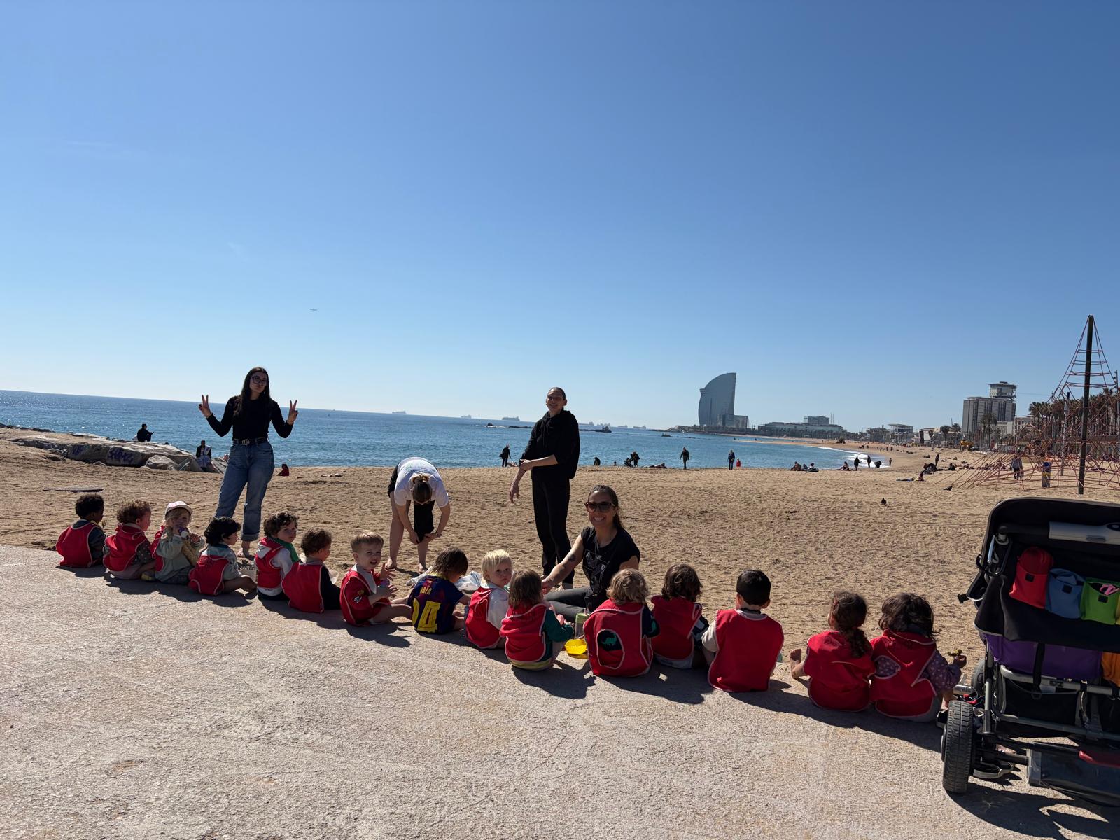Le groupe face à la mer, plage de la Barceloneta